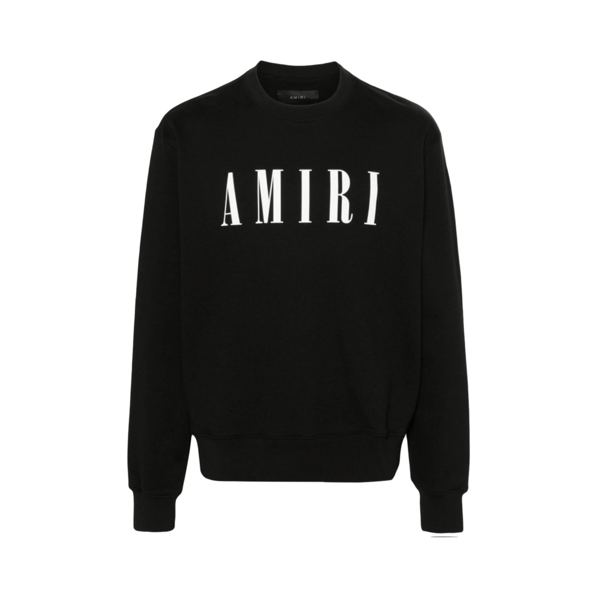 Black sweatshirt with 'AMIRI' logo on a white background